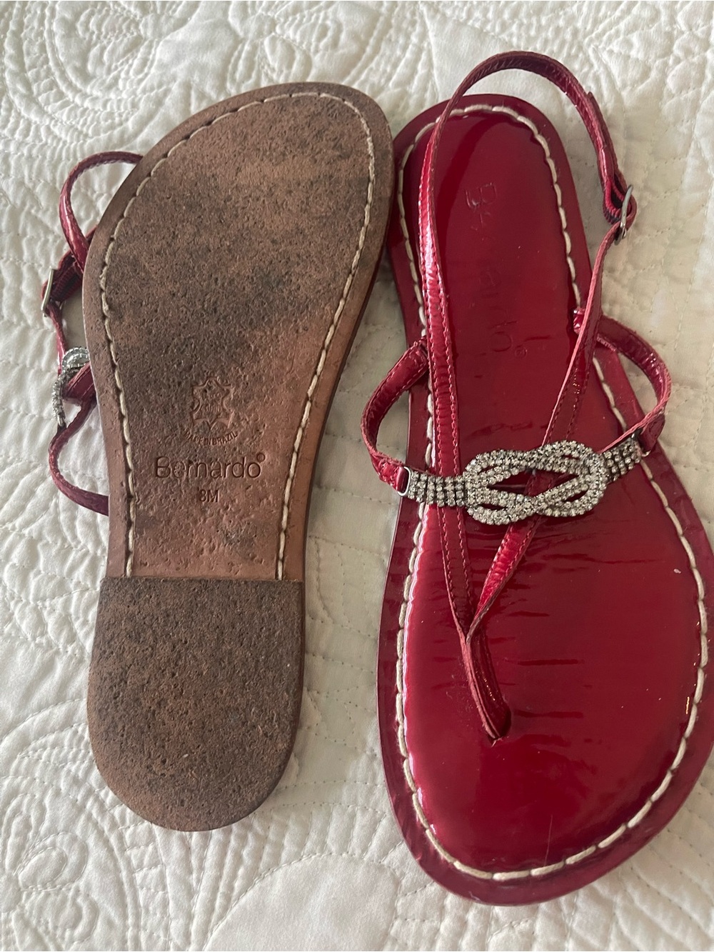 Bernardo Red Patent Rhinestone Knot T-Strap Sandals - Picture 2 of 2